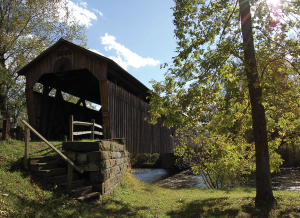 Wooden covered bridge over a stream with a stone stairway and green banks, under a bright blue sky.