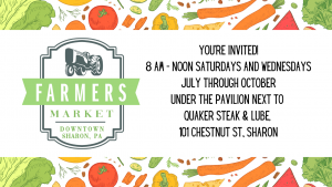 Invitation banner for Downtown Sharon Farmers Market with logo; market Saturdays and Wednesdays 8 AM–Noon, July–October, 101 Chestnut St.