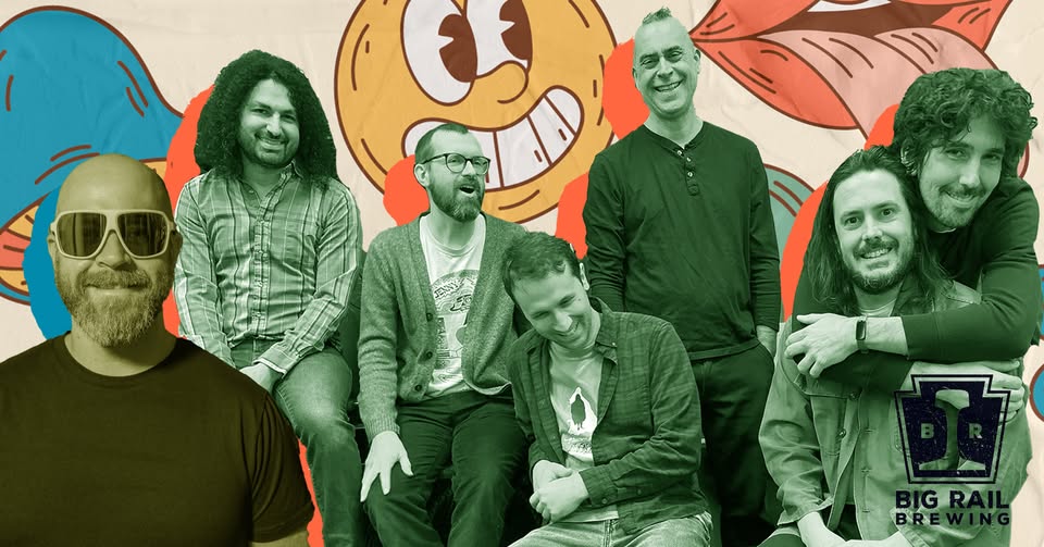 Group of seven men posing together in front of a colorful cartoon mural; Big Rail Brewing logo bottom right.