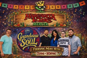 Colorful event poster advertising a live show by Grandview Soul with five people posing in front; event date and time shown as Friday, May 8th, 7–10 PM.
