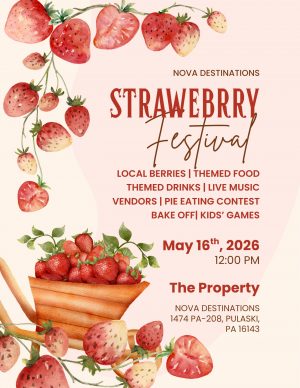 Festival poster with strawberry illustrations and bold 'Strawberry Festival' text; date May 16, 2026, 12:00 PM, at The Property, Nova Destinations (Pulaski, PA).