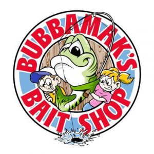 Logo for Bubba's Bait Shop with a large green jumping fish surrounded by two children and red circular text saying Bubba's Bait Shop.