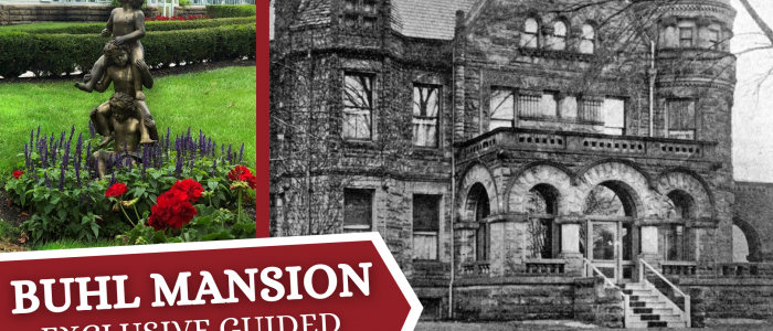Collage of Buhl Mansion: left shows garden statue and glass conservatory, right shows a historic brick mansion, with a promotional banner for guided tours in the foreground.