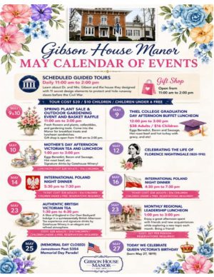 Promotional flyer for Gibson House Manor: May Calendar of Events with a floral border, building photo, and event details.