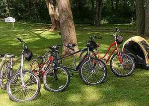 Line of four bicycles parked on a grassy park lawn with a yellow tent nearby.