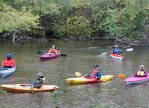 Group of people kayaking on a calm river with trees along the bank in autumn colors.