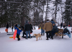 Snowy park scene with people, sleds, and a yellow Labrador standing on the snow near a bench under tall trees.