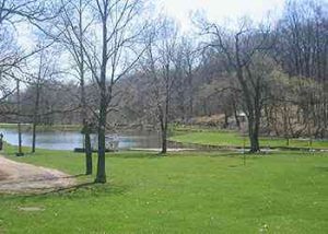 Park with a small pond, leafless trees, and a grassy lawn on a sunny day.