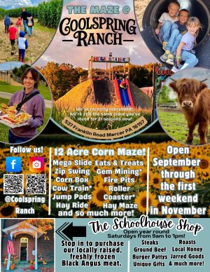 Promotional collage for Cool Spring Ranch showing a 12-acre corn maze, kids at play, and farm activities and foods for visitors.