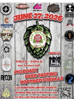 Event poster for a beer festival on June 27, 2026, featuring hops logo center and many brewery logos on a wooden background.