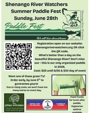 Poster for Shenango River Watchers' Summer Paddle Fest with a QR code, date (June 28), 25th anniversary graphics, and paddle-themed artwork for event promotion.
