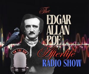 Poster for The Edgar Allan Poe Show featuring a black-and-white Poe portrait, a raven on the microphone, and colorful neon wave lines.