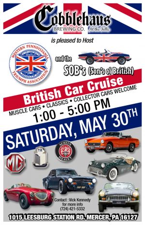 Event poster for Cobblehaus Brewing's British Car Cruise with logos and classic cars; includes date, time, and Mercer, PA location.