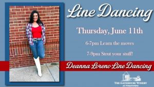 Promotional line-dancing poster: woman in a red top and jeans stands against a brick wall on the left, with event details on a blue background to the right.