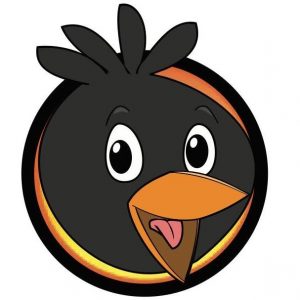 Cartoon black bird's head inside a circular orange-rimmed badge, looking cheerful.