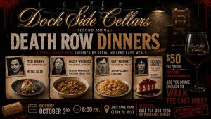 Promotional poster for Death Row Dinners: four-course meals inspired by serial killers' last meals, with portraits and dishes of four inmates.