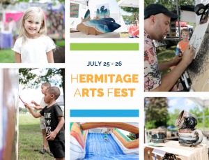 Collage promoting Hermitage Arts Fest with kids painting, face painting, and outdoor art activities.