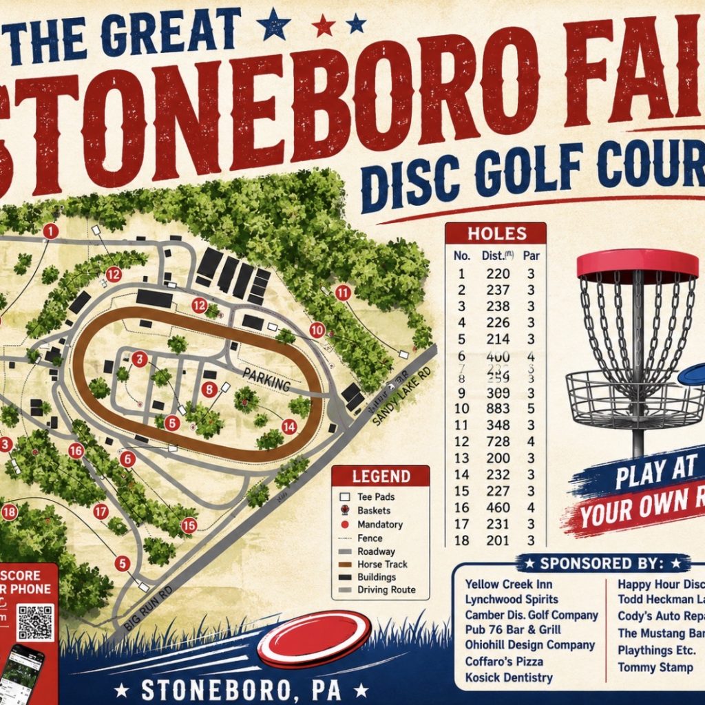 Poster-style map of Stoneboro Fair Disc Golf Course showing 18 holes, trees, and layout on a vintage background.