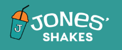 Jones' Shakes logo: teal background with a cup-and-straw graphic on the left and the brand name in white.