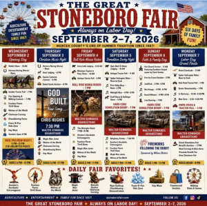 Poster for The Great Stoneboro Fair, Sept 2–7, 2026, showing daily schedules, rides, shows, fireworks, and a Ferris wheel banner.