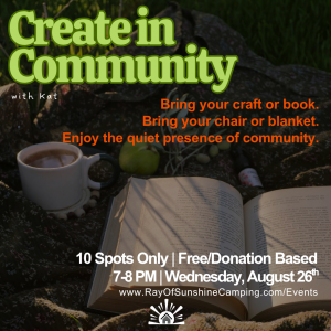 Promotional poster for Create in Community with Kat; lime-green title, orange prompts, open book and mug outdoors.