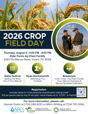 Promotional banner for 2026 Crop Field Day with golden grain in a field and a circular photo of two men examining crops, plus event title and details (highlights configuration).