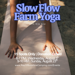 Poster for Slow Flow Farm Yoga with Kim Frei; hands on a yoga mat outdoors, advertising the event. This describes the purpose and scene concisely.
