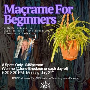 Poster for a Macrame For Beginners workshop: purple title text over a background of colorful ropes, with a smiling person holding macrame pieces and a potted plant on the right; includes event details and RSVP link.