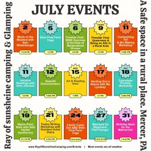 Colorful July events calendar with 15 cards showing dates, event titles, and times in a grid layout poster.