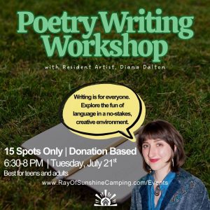 Promotional poster for a Poetry Writing Workshop with Diana Dalton; outdoor grass background, large green title, speech bubble message, and smiling woman in denim; includes date, time, and website.
