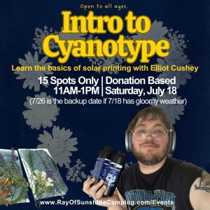 Poster advertising an 'Intro to Cyanotype' workshop; a man with headphones holds cyanotype bottles in the foreground, bold yellow title and floral background.