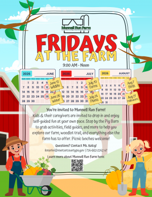 Colorful farm event poster advertising Fridays at the Farm with large red and yellow lettering, calendars, pumpkins, and kids in a barn setting.
