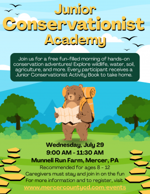 Poster announcing Junior Conservationist Academy with a bear holding a map in a forest setting, featuring event details at bottom side.