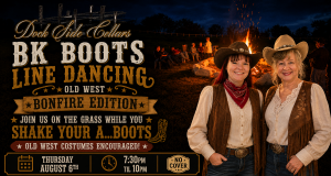 Western-themed event poster with two women in cowboy hats beside a large bonfire; promotes BK Boots Line Dancing, Old West Bonfire Edition.