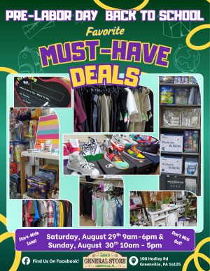 Poster-style collage advertising back-to-school deals with bold purple and yellow text reading 'Must-Have Deals' and clothing, shoes, and school supplies images.