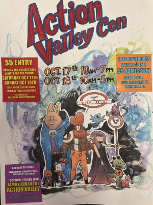 Poster for Action Valley Con event with bold red and blue title; dates Oct 17–18 and times 10 AM–7 PM / 5 PM; $5 entry and admission details.