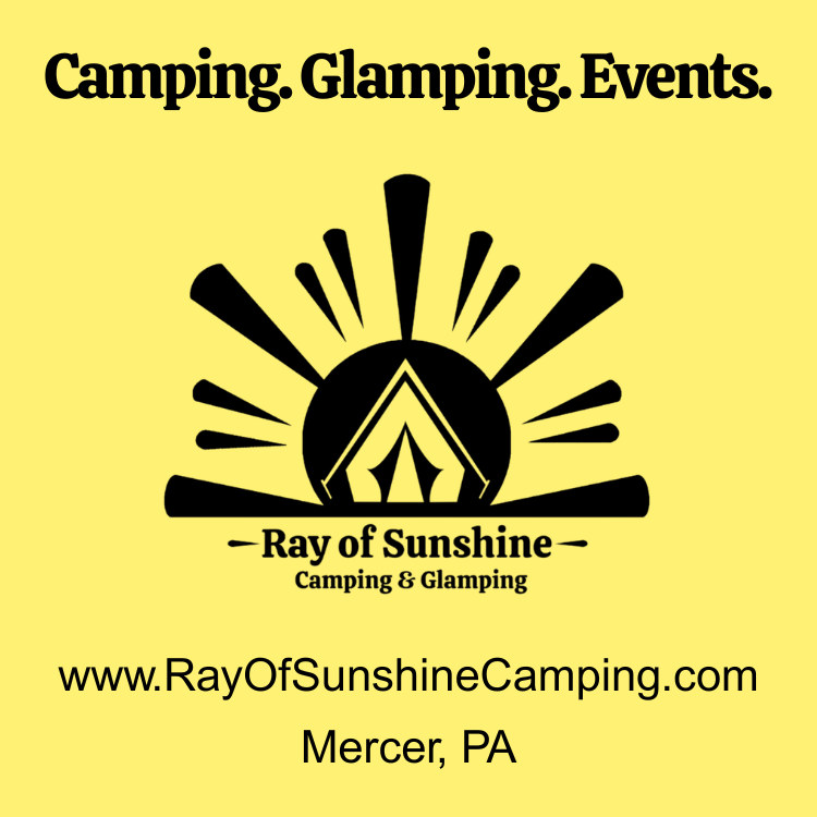 Logo for Ray of Sunshine Camping & Glamping on a yellow background, featuring a sunburst and tent icon with website and Mercer, PA.