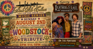 Colorful Woodstock-themed concert poster advertising a Leather & Lace tribute at Dock Side Cellars, featuring a Woodstock tribute on August 2 with 2 PM to 5 PM times and 57th anniversary celebration.