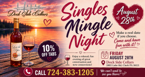 Promotional poster for a couples-friendly singles night with sunset lake scene, wine bottle, and bold event title 'Singles Mingle Night'.