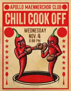 Vintage-style event poster for a chili cook-off featuring two cartoon red chilies in boxing gloves sparring; text reads Apollo Maennerchor Club Chili Cook Off, Wednesday Nov. 4, 6:00 PM.