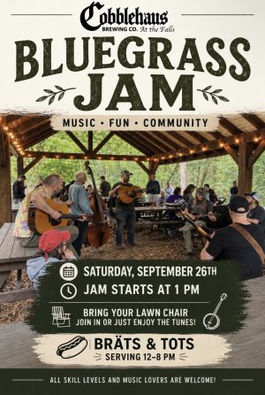 Poster for Cobblehaus Bluegrass Jam: outdoor community music event with musicians playing guitars and bass under a wooden pavilion.