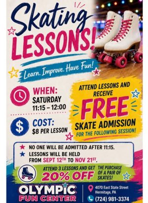 Poster advertising skating lessons: Saturdays 11:15–12:00, $8 per lesson, attend for free skate admission; includes 20% off skate purchases.
