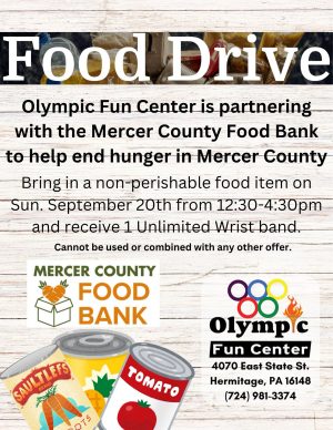 Poster advertising a food drive titled 'Food Drive' with event details and partner logos (Mercer County Food Bank and Olympic Fun Center) on a wood-textured background; invites non-perishable food donations and provides date/time details.