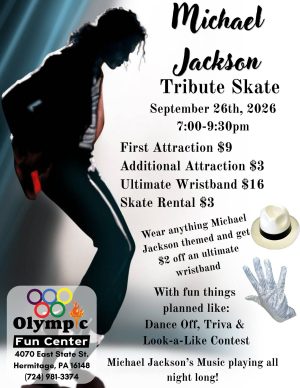 Event flyer for a Michael Jackson Tribute Skate night; silhouette skater on left, bold title and event details on the right.