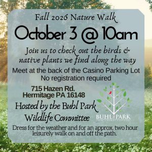 Event flyer on a forest background: 'Fall 2016 Nature Walk' with date 'October 3 @ 10am' and location details on a light blue banner with a tree logo at the bottom right.