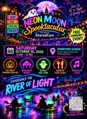Neon Moon Spooktacular poster advertising Oct 10, 2026, 3–9 PM in Downtown Sharon along the Shenango River; free community event with neon graphics and QR code for details.