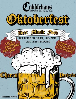 Oktoberfest poster for Cobblehaus Brewing Co. featuring a large gold beer mug and a banner reading 'Beer Music Food' with event details.