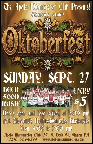 Poster for Oktoberfest event by The Apollo Maennerchor Club featuring decorative gold typography and floral design; highlights 'Sharon's Only!' and date with 'Sunday Sept 27' and beer, food, music.