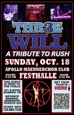 Poster advertising a Three Will tribute to Rush concert on Sunday Oct 18 at Festhalle; doors 5:30 pm, show 6:30 pm; includes ticket info and QR code.