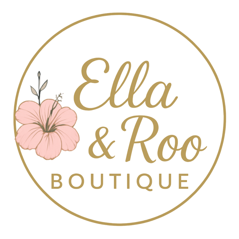 Circular boutique logo: 'Ella & Roo Boutique' in gold script with a pink hibiscus on the left.